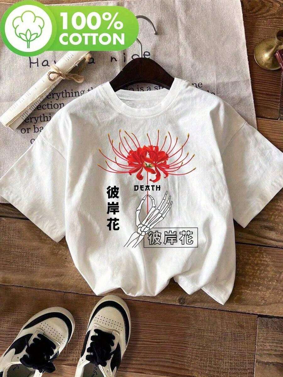Playeras de mujer: Camiseta con estampado de lirio araña, manga corta, cuello redondo, top casual para verano y primavera, ropa de mujer, camiseta de verano con estampado gráfico, manga corta, cuello redondo, suave y transpirable, para uso diario en la calle. Blusas casuales para dama. - Blanco - Ver 1