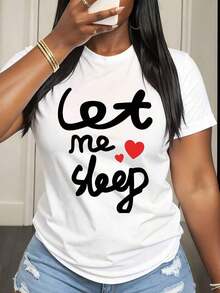 Camiseta de Mujer con Estampado de Corazón "Let Me Sleep", Ropa Casual para Uso Diario, Top Cómodo y Holgado para Mujer, Atuendo de Verano - Blanco - Ver 2
