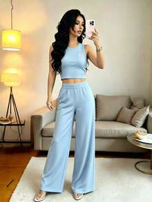Set de 2 piezas de top de tirantes y pantalones en color liso para vestir de manera informal de vacaciones - Celeste - Ver 2