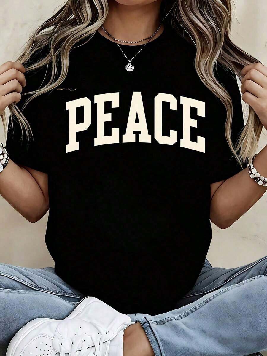Round Neck T-Shirt With Peace Print, Casual, Comfortable, Loose Fit, For Everyday Wear And Light Activities - Vintage Urban Style, Unisex, Cotton, Short Sleeve, 100% Cotton - 黑色 - 查看 1