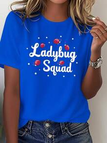 Camiseta de Mujer con Estampado de Ladybug Squad - Estilo 100% casual y cómodo, con estampado de mariquitas rojas y letras escritas a mano, negra con puntos blancos y detalles rojos, adecuada para todas las estaciones, ideal para eventos temáticos y fiestas de cumpleaños, camiseta de cuello redondo suave y lavable a máquina, diseño de patrón geométrico, corte holgado adecuado para todas las estaciones, estampado divertido de ladybug squad, adecuada para usar en capas o sola. - Azul - Ver 7