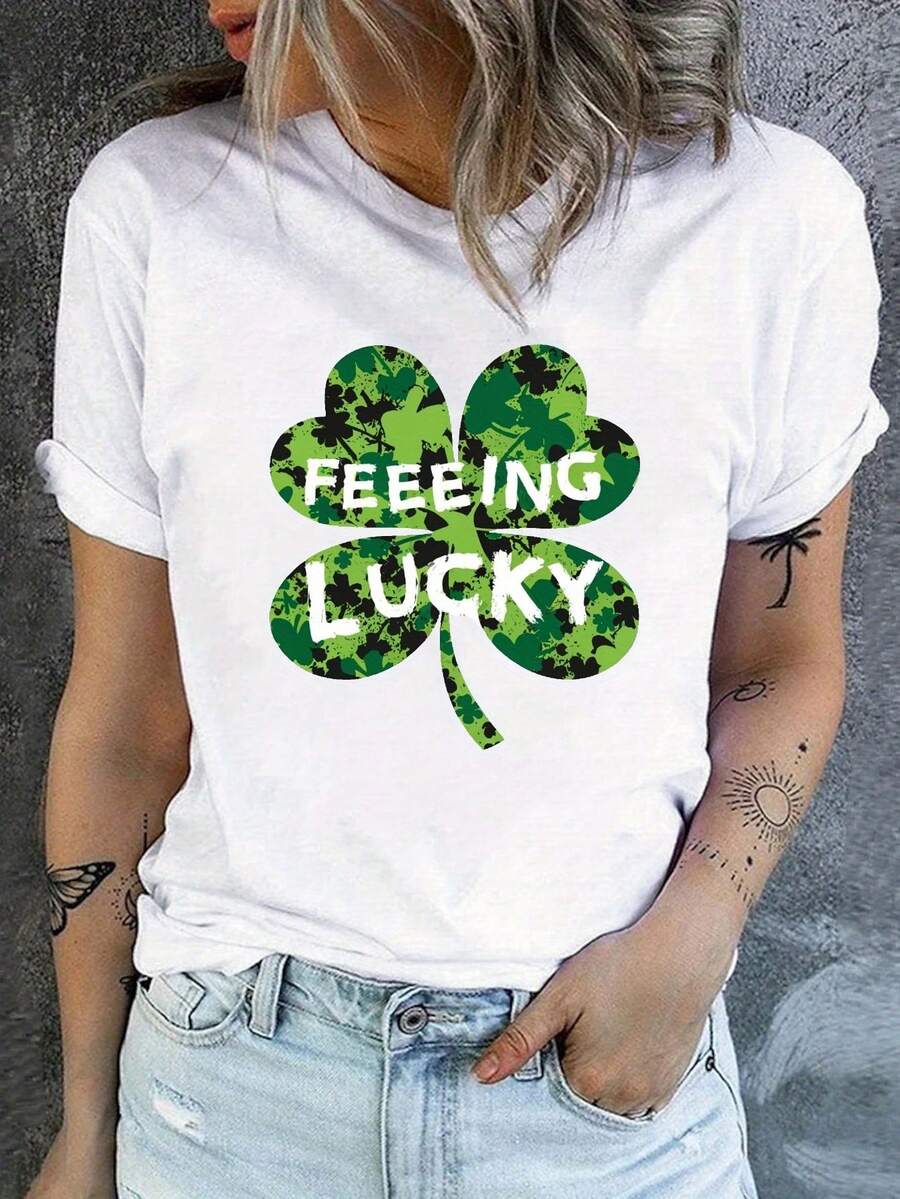 Playeras de Mujer de Algodón Oversize Moda 2026 con Estampado de Trébol de la Suerte, Camiseta Casual de Manga Corta con Cuello Redondo para Primavera y Verano, Ropa de Mujer, Camiseta de Manga Corta Cómoda, Suave y Sencilla para Uso Diario. - Blanco - Ver 1