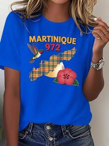 Camiseta cómoda de algodón puro para mujer, diseño de colibrí a cuadros Madras de Martinique, blusas para mujer - Azul - Ver 7
