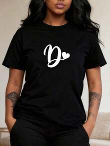 1 pcsWhite-Letter-D-Monogram-Initial-Minimalist-Heart-Graphic-T-Shirt180g Algodón 100% - Negro 1 - Ver 2