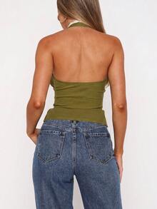 Women's Fashion V-Neck Ruffle Patchwork Tie-Front Camisole Summer Casual - Olive Green - View 3