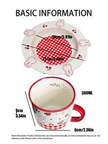 MIFFY 1个米菲陶瓷盘，高品质卡通早餐/水果/甜点盘，单人份，可爱日式奶油白底红色格子图案，边缘饰有米菲头像，可爱樱桃图案，边缘饰有3D兔耳，美观陶瓷材质，可微波炉加热，可用洗碗机清洗，适合日常使用。 - 彩色 - 查看 4
