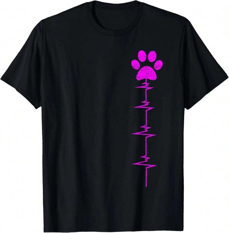 Camiseta de Mujer con Estampado de Huella de Perro y Latidos del Corazón para Mujeres, Niñas y Mamás - Negro - Ver 1