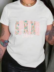 Camiseta con estampado gráfico y diseño de cuadrícula, mangas cortas y cuello redondo, perfecta para uso casual en verano y primavera, diseñada para mujeres - alta calidad. - Blanco - Ver 1