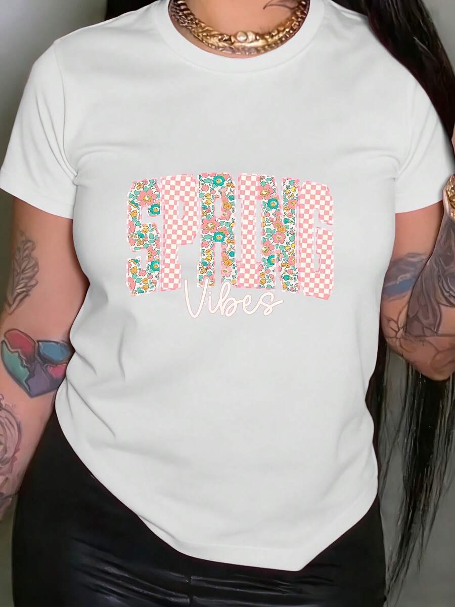 Camiseta con estampado gráfico y diseño de cuadrícula, mangas cortas y cuello redondo, perfecta para uso casual en verano y primavera, diseñada para mujeres - alta calidad. - Blanco - Ver 1