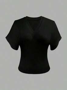 Camiseta de manga corta con cuello en V minimalista, camiseta suelta con cintura ceñida para mujer - Negro - Ver 4