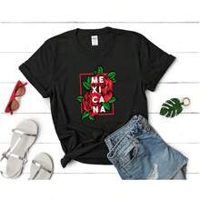 Mujeres Mexicana Latina  Flor Roses Flor Camiseta de moda camiseta de manga corta camiseta unisex - Negro - Ver 1