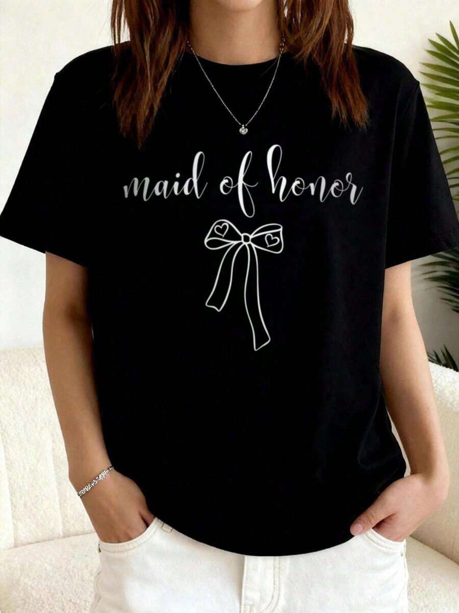 Camisetas unisex casuales de primera calidad, estilo oversize para mujer, regalo para dama de honor, camiseta con lazo para dama de honor, regalo para dama de honor, camiseta holgada para mujer, perfecta para fiestas o como regalo, suave y cómoda. - Negro - Estilo 3 - Ver 1