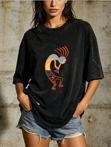 Camiseta de Mujer de 180G con Diseño Kokobelli Suave |   Camiseta con estampado de diseño  único |   El regalo perfecto para una reunión familiar en Pascua. |   Cómodo y elegante, adecuado para uso casual. |   Camiseta de verano | Diseño exquisito |   Suelto y cómodo |   Fácil de combinar | - Negro - Ver 7