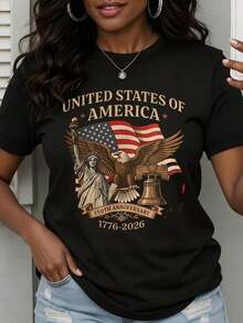 Camiseta de manga corta para mujer, blanca, con diseño del 250º aniversario de los Estados Unidos de América 1776 2026, Estatua de la Libertad, águila, bandera estadounidense, campana de la libertad, celebración del Día de la Independencia. - Negro - Ver 7