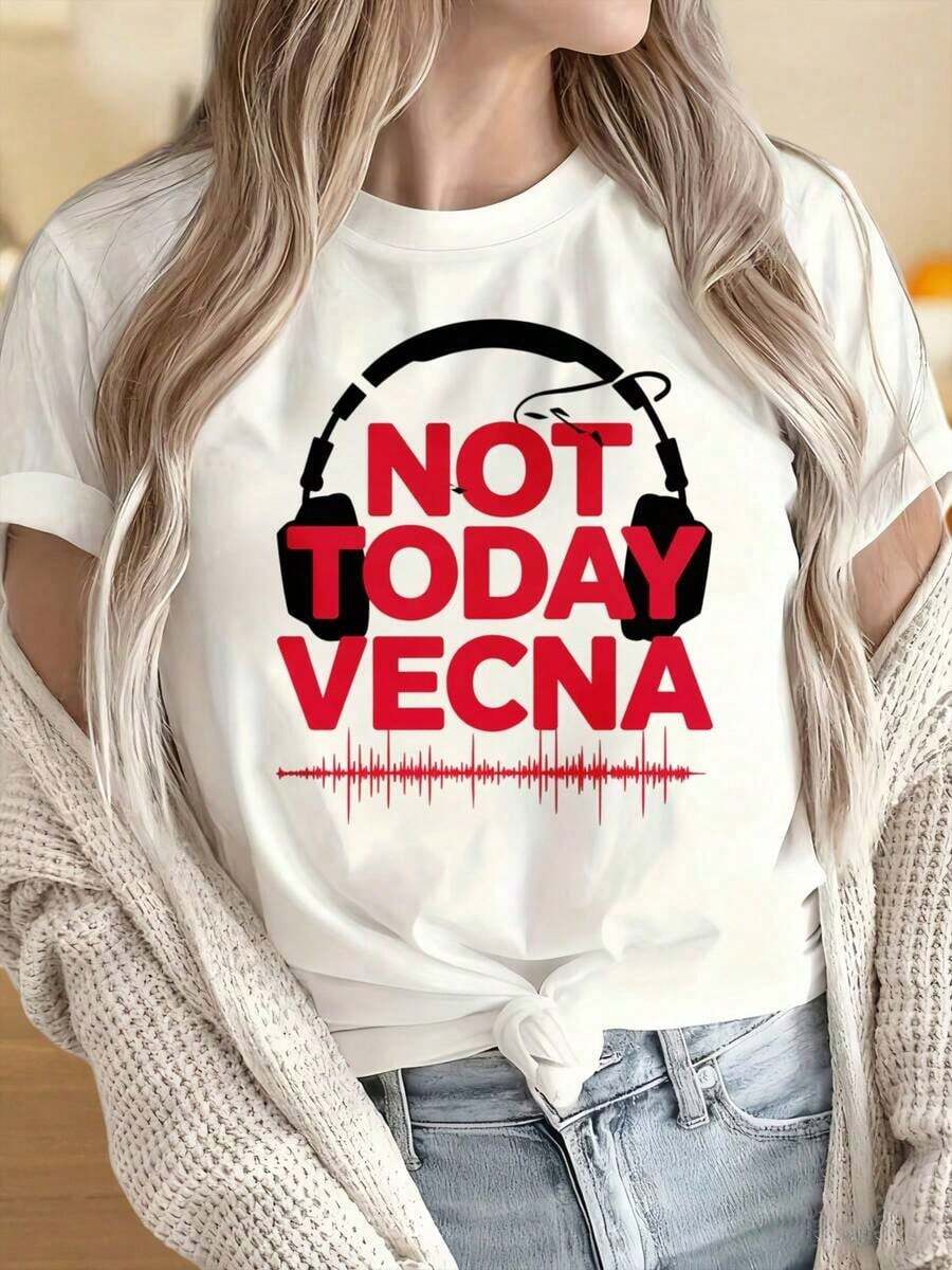 Camisetas para Mujeres y Hombres con Cuello Redondo y Mangas Cortas, Camiseta Not Today Vecna con Diseño de Auriculares y Patrón de Ondas Musicales, Camiseta de Algodón Negra para Mujeres y Hombres, Moda Unisex, Top Casual. Estampados Divertidos Son Adecuados para Fiestas de Navidad, Actividades Deportivas, Fiestas de Vacaciones, Salidas, Deportes y Otros Regalos Festivos. - Blanco - Ver 1