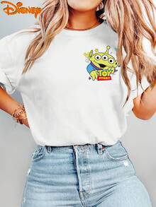 Authentic Women's Disney Short-Sleeve Vintage Cartoon Toy Story Alien Waving Hands Reunion Double-Sided Print Crew Neck Summer T-Shirt, Suitable For Spring, Summer, And Autumn, Disney Trip, Fashionable Casual Daily Commute Vacation Versatile Vintage - White - View 2