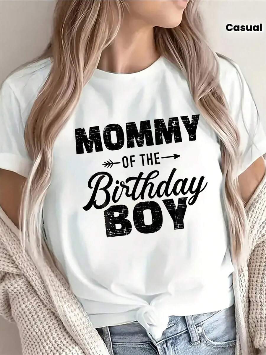 Camiseta de manga corta para mujer, con diseño de texto "Mamá de Cumpleaños", ropa casual para celebraciones de cumpleaños, ajuste suave, un regalo ideal para madres, hecha de material cómod - Blanco - Ver 1