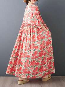 Vestido Casual Bohemio Nuevo 2026 con Estampado Floral, Vestido de Verano Holgado de Talla Grande con Cuello Redondo, Vestido Elegante, Camisón para Dormir - Marrón - Ver 6