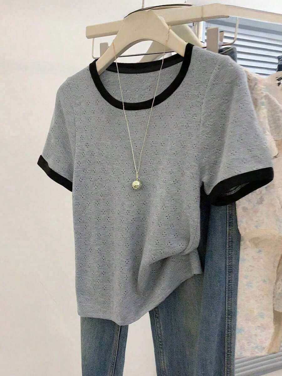 Camiseta de cuello redondo de manga corta de punto jacquard, regalo para amigos - Gris - Ver 1