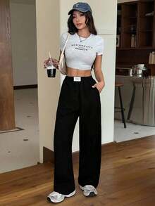 Pantalones rectos y sueltos de pierna ancha de color negro con estampado tipo zhanga para vacaciones de primavera y verano - Negro 2 - Ver 5