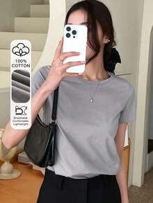Camiseta de cuello redondo de manga corta de unicolor versátil y casual, tops estilo universitario - Gris Claro - Ver 1