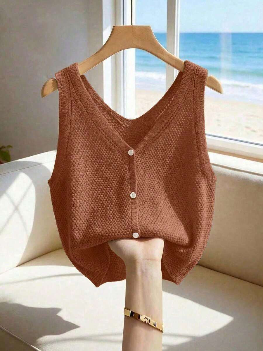 Nueva Chaleco de punto casual francés de verano, de punto sencillo con textura hueca, de atmósfera suave, diseño de capa para ir al trabajo/commute, cuello en V, Cárdigan de punto sin mangas de color blanco grisáceo - Marrón Chocolate - Ver 1