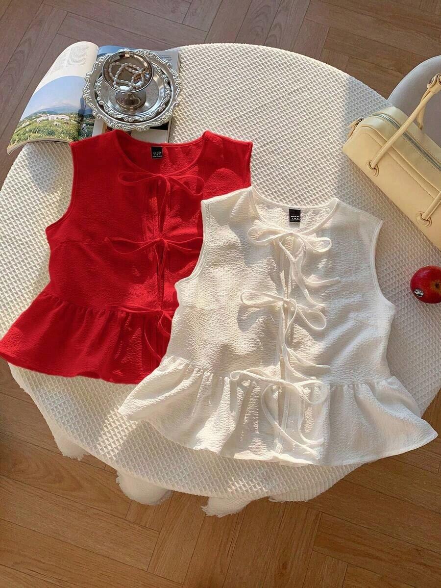 2 piezas Blusas de verano de moda 2026 para mujeres, para vacaciones, primavera, Día de San Valentín, salir, verano, primavera, Día de San Valentín, carnaval, playa, fiesta de cumpleaños, boda, salir.Top sin mangas rojo, top sin mangas rosa, - Rojo y blanco - Ver 1