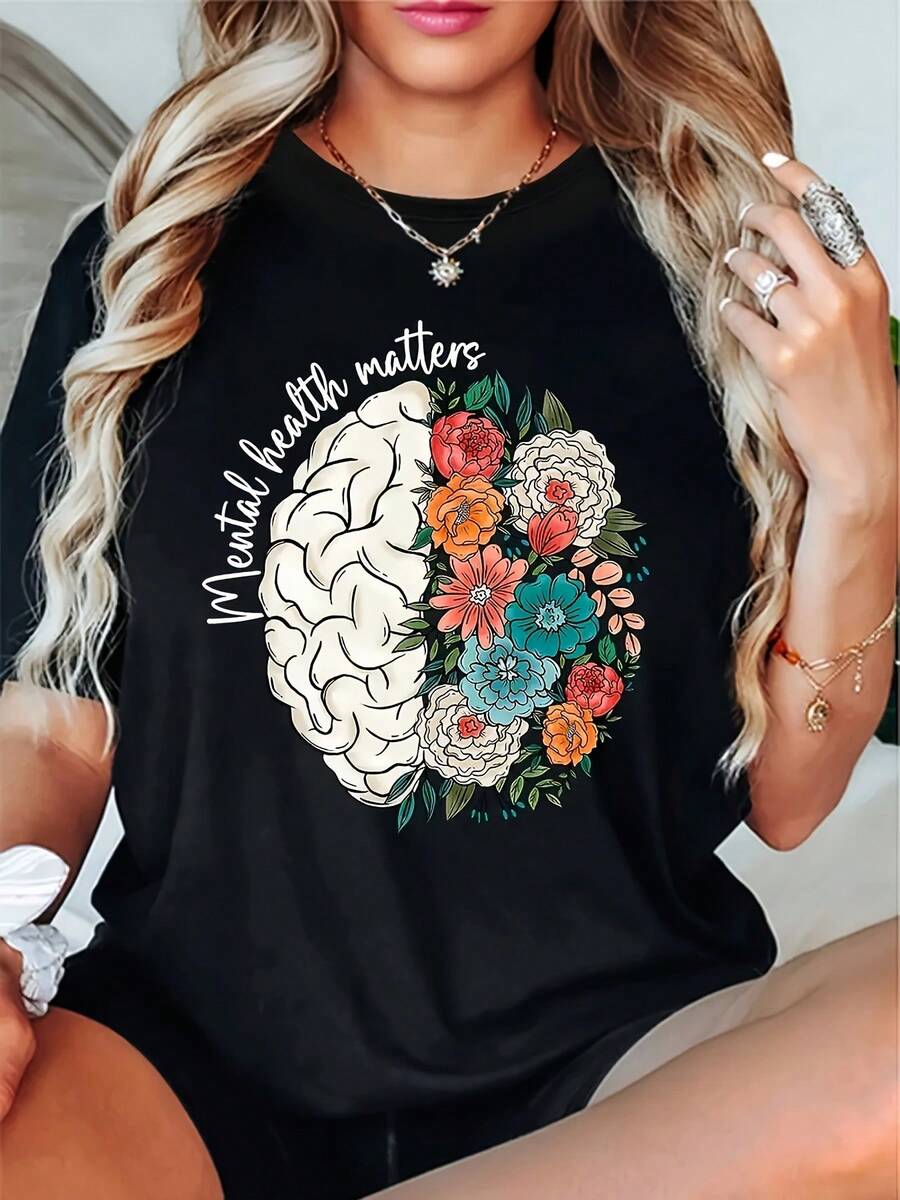 Camiseta de poliéster casual para mujer con gráfico de conciencia sobre la salud mental, manga corta con cuello de tripulación para primavera/verano - Negro - Ver 1