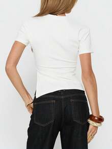 Womens Asymmetrical Summer Tops Going Out Shirts Spring Y2K Short Sleeve Crew Neck Ruched  Clothes - White - View 2