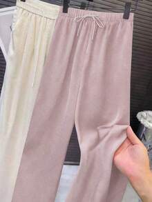 Pantalones rectos de cintura alta con goma elástica de satén, con brillos y anudado a la cintura - Rosa - Ver 4