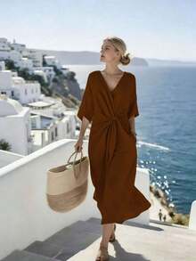 Holidaya Vestido largo con cuello en V, manga corta, cintura elástica y nudo retorcido, adecuado para primavera, verano, otoño e invierno, apropiado para ir al trabajo, uso diario, elegante, fiesta, playa, romántico, Día de San Valentín, graduación, moda, casual, negocios, oficina, versátil - Marrón - Ver 6