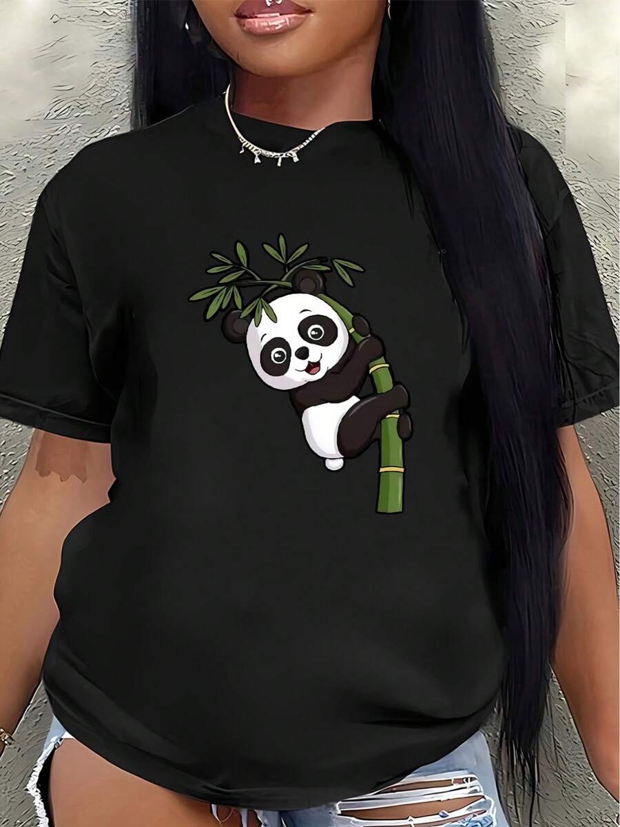 Camiseta de manga corta de poliéster, estampada con un lindo diseño de panda, ligera y duradera, adecuada para uso casual en casa, en cafeterías o durante actividades al aire libre, hecha de tela suave. - Negro - Ver 1