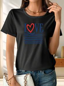 Camiseta con Estampado de Letras LOVE - Camiseta casual de manga corta y cuello redondo, hecha de tela de elasticidad media, adecuada para vacaciones, oficina y uso diario - Atuendo de Primavera/Verano - Camiseta unisex de algodón holgada de manga corta y cuello redondo estilo vintage urbano. - Negro - Ver 6