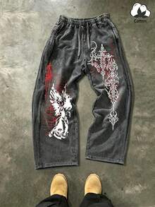Men's Drawstring Waist Wide Leg Jeans Gothic Angel & Cross Print Black Denim Pants Y2K Streetwear Grunge Loose Fit Casual Baggy Trousers - 黑色 - 查看 2