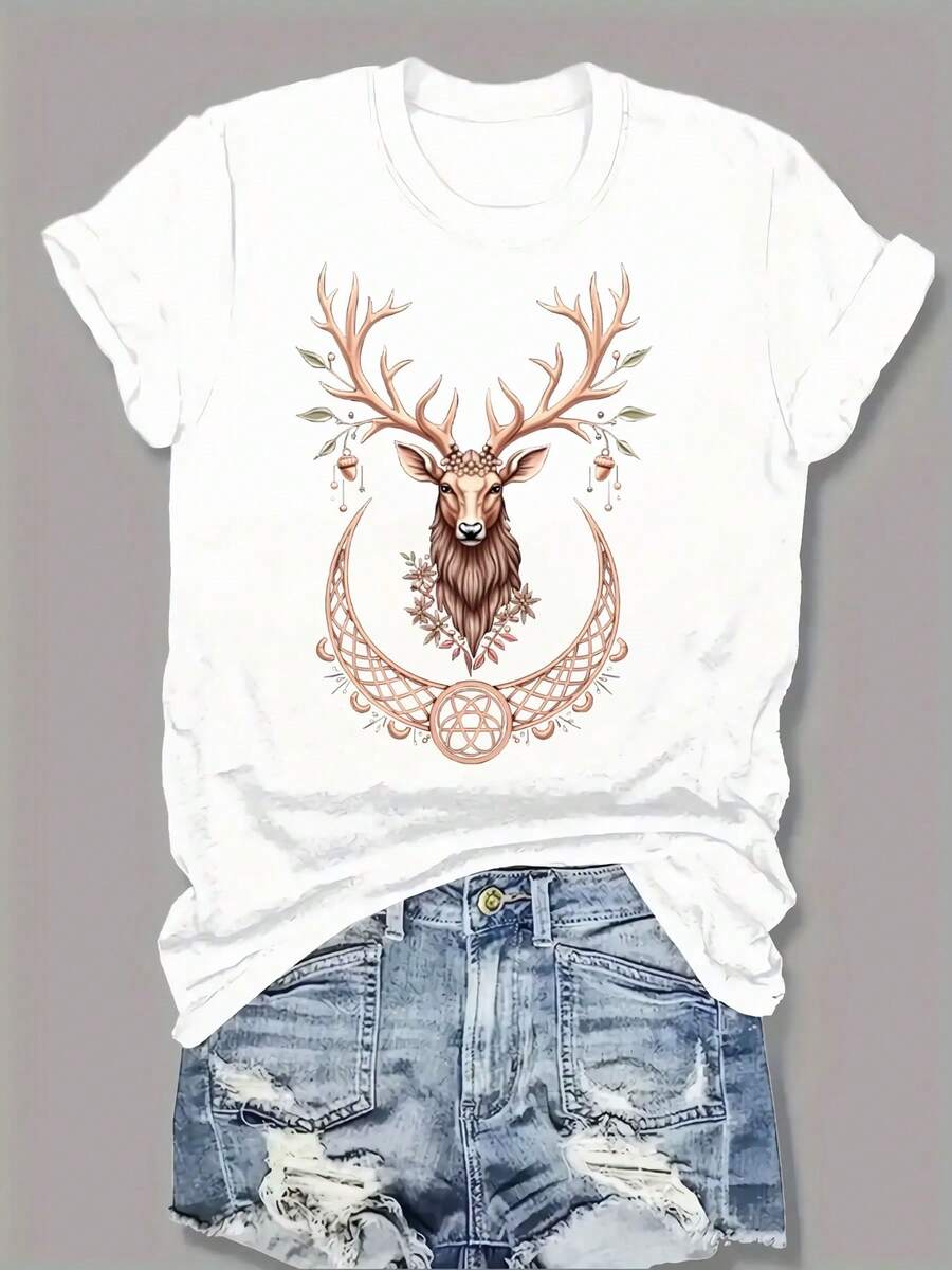 Camiseta con estampado de letras, manga corta y cuello redondo, top casual para verano y primavera, ropa de mujer - Blanco - Ver 1