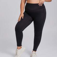 Set deportivo para mujer de talla grande, conjunto ajustado de 2 piezas con bolsillo, tela elástica efecto segunda piel para yoga y entrenamiento - Pantalones negros - Ver 11