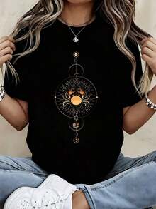 T-Shirt With Geometric Sun And Moon Print For Casual And Sporty Outfits - Vintage Street Style, Unisex, Cotton, Short Sleeve, Round Neck, 100% Cotton. - 黑色 - 查看 7