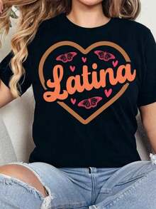 Camiseta Casual con Corazón Latino, Camiseta Orgullo Mexicano, Camiseta Poder Latino, Camiseta Orgullo Latino, Camiseta Divertida para Mujer Latina, Camiseta Herencia Hispánica. Camiseta de una pieza de manga corta con cuello barco y color sólido para mujer, adecuada para el verano, se combina con camisas estampadas, blusas de mujer y camisetas estampadas de manga corta. Ropa de MujerModa - Negro - Ver 7
