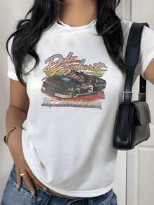 Vintage Racing Car Graphic Print T-Shirt, 180g, 1 Piece, Retro Motorsports Style, Women's Casual 100% Cotton T-Shirt, Streetwear Style - 白色 - 查看 9