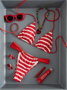 Bộ bikini hai mảnh gợi cảm tối giản dành cho nữ, họa tiết kẻ sọc, kiểu buộc dây cổ, thích hợp cho bãi biển, kỳ nghỉ, hẹn hò, mẫu mới mùa xuân/hè. - Họa tiết lượn sóng màu đỏ và trắng - Xem 2