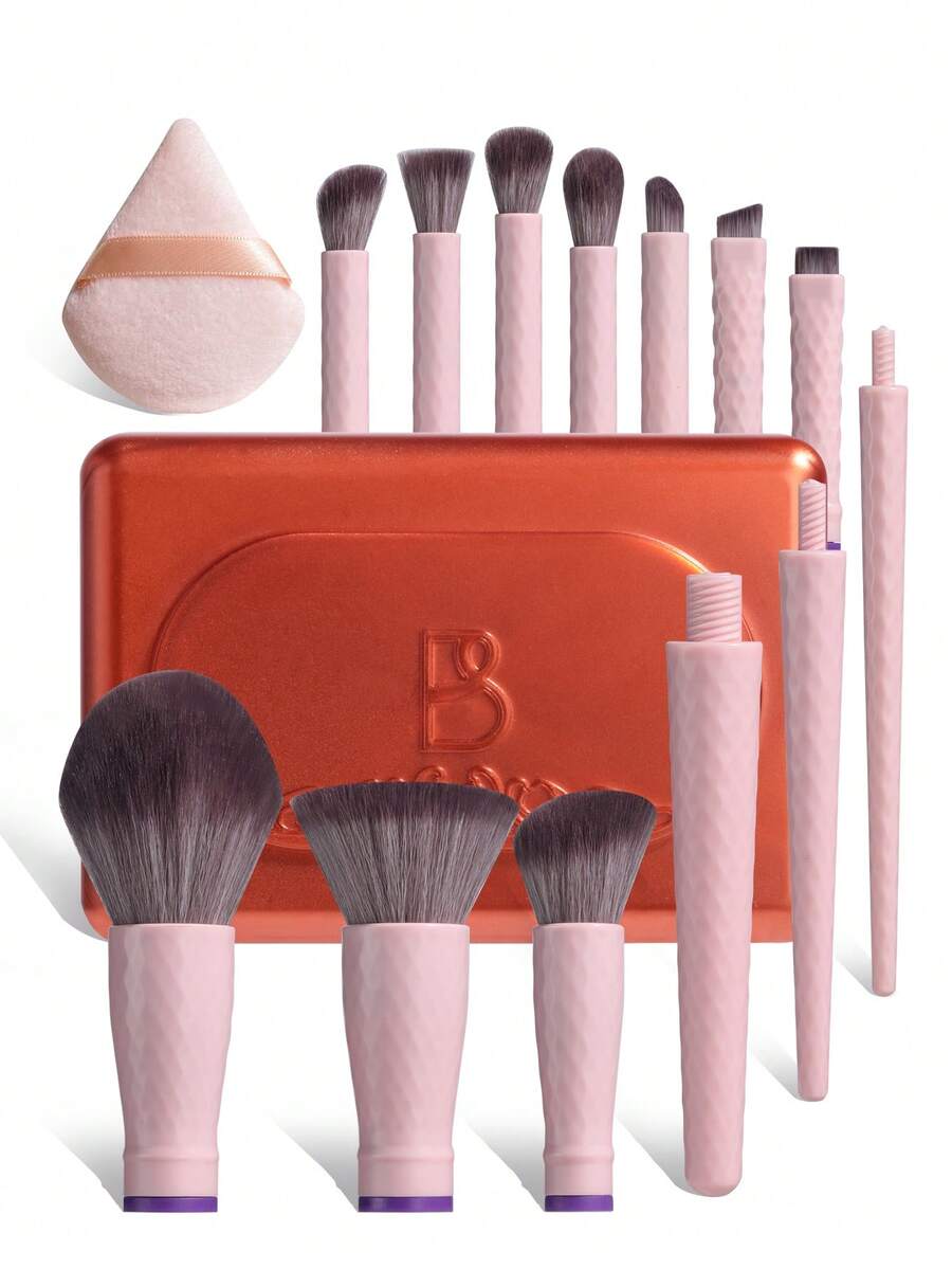 BS-MALL 10pcs Pink Detachable Makeup Brush Set With Square Storage Box, Professional Interchangeable Travel Makeup Tools, Portable Face And Eye Beauty Set - Baby Pink - View 1