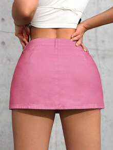 Tall Minifalda vaquera ultracorta, de moda para el verano - Rosa - Ver 2