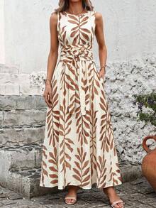 Vestido de verano sin mangas con cuello redondo, cintura ajustada y estampado todo sobre todo, para uso casual y vacaciones - Multicolor - Ver 5