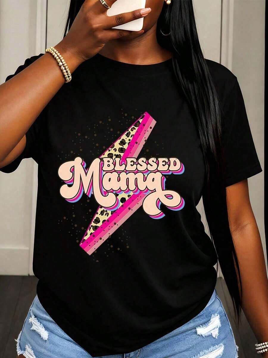 Camiseta de Mujer Bless-Ed Mama con Estampado de Leopardo y Diseño de Rayo, Ropa Casual de Verano para Mujer - Negro - Ver 1