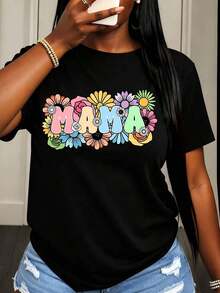 Camiseta de Mujer con Diseño Floral "Mama" para Uso Casual de Verano - Negro - Ver 6
