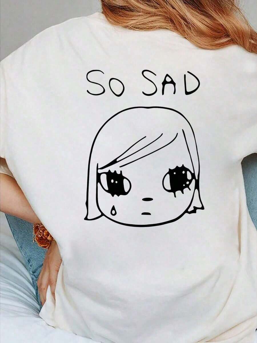 Yoshitomo Nara So Sad, Camiseta 100% Algodón Suave y Ligera, Agradable al Tacto | Diseño exquisito | Suelto y cómodo | Fácil de combinar | - Espalda blanca - Ver 1