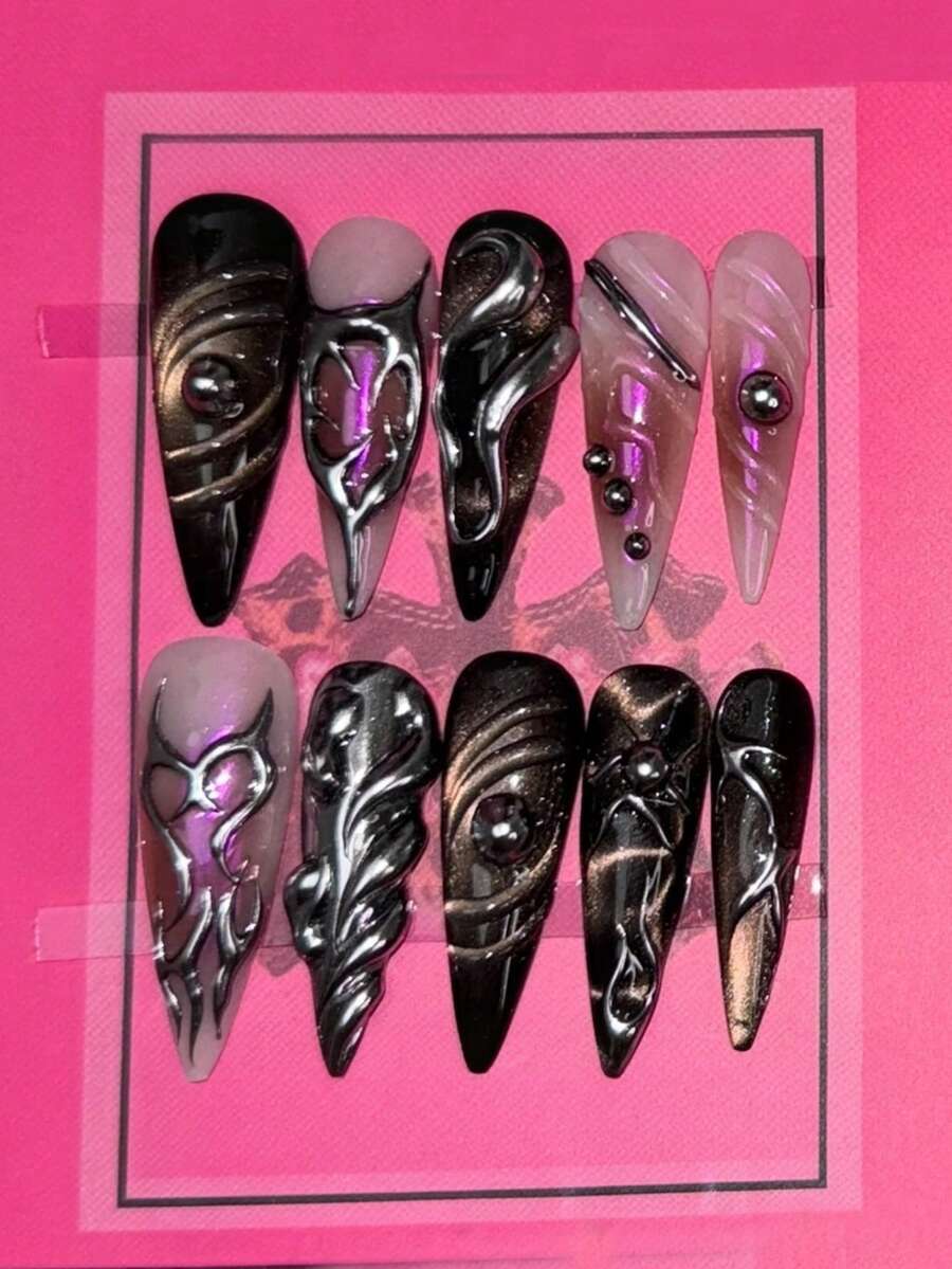 10件組黑色哥德龐克手工美甲貼紙，Y2K風格，手工美甲藝術，美甲套組，夏季美甲，手工假指甲，適合女孩與女士在派對和日常生活中佩戴