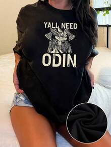 Comfortable Odin Figure With Helmet And Ravens Symbolizing Wisdom, Power And Protection Of The Ancient Norse God In Viking Style. Women's 100% Cotton Casual Comfortable T-Shirts For Everyday Wear. Fashionable All-Match Women's Short Sleeve T-Shirt, Basic Style For Inner & Outer Wear - 黑色 - 查看 12