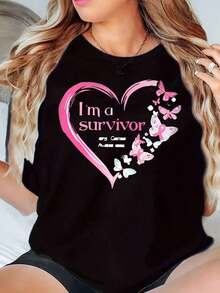 Under The Radar Women's T-Shirt, Crew Neck, Pink Heart And Butterfly Print, Casual Style, 220g, Urban Vintage Style, Unisex, Cotton, Short Sleeve, Crew Neck - 黑色 - 查看 1