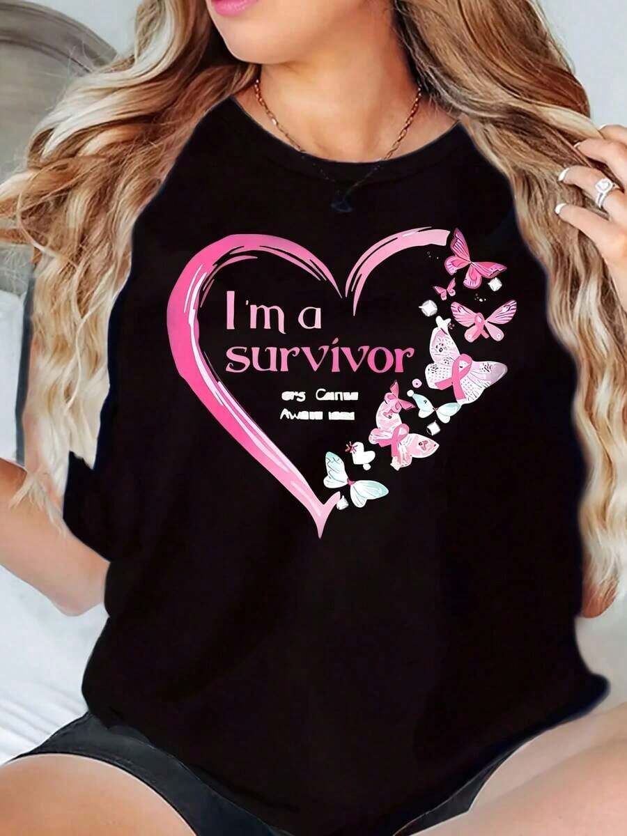 Under The Radar Women's T-Shirt, Crew Neck, Pink Heart And Butterfly Print, Casual Style, 220g, Urban Vintage Style, Unisex, Cotton, Short Sleeve, Crew Neck - 黑色 - 查看 1